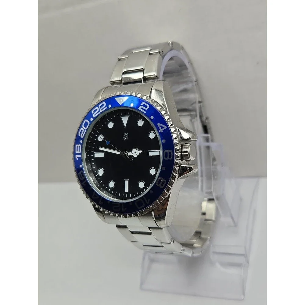 Auriol Mens Quartz Diver Style 46mm Watch Black Blue 24HR Bezel Date New Battery